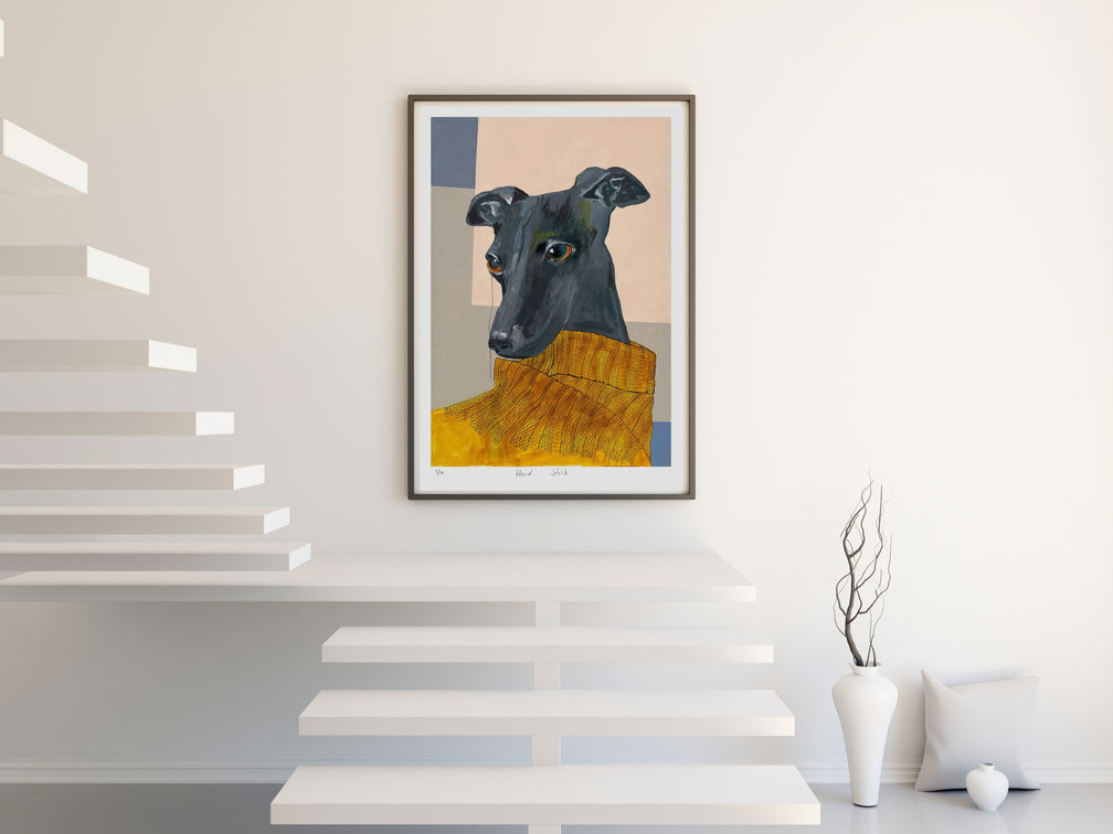 Hund i strik - Giclée, indrammet 110x140 cm